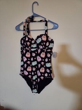 Pusheen Black Swimsuit with Pastel Accent Print